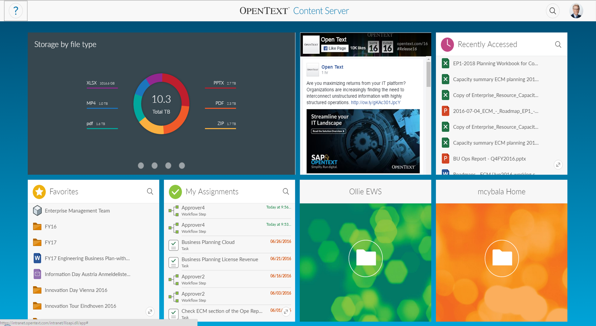 Capture d'écran Opentext Content Server Capture d'écran Opentext Content Server tableau de bord Gestion Documents